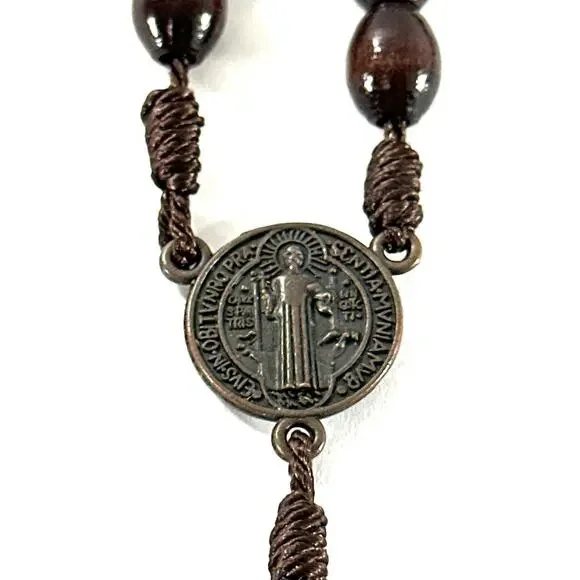 Catholic St Benedict Rosary Wooden Beads Metal Crucifix INRI 20” - Picture 4 of 6